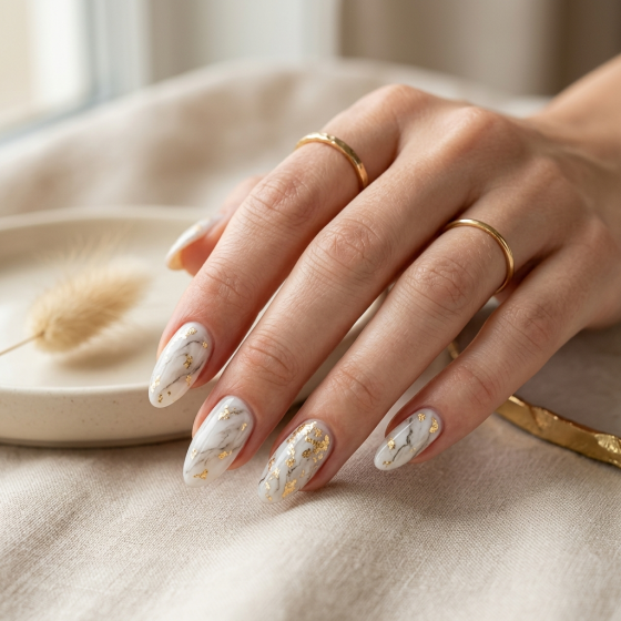 Elegant Marble Gold Flakes Nails