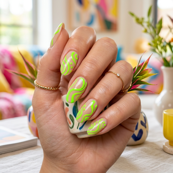 Neon Green Abstract Swirl Nails
